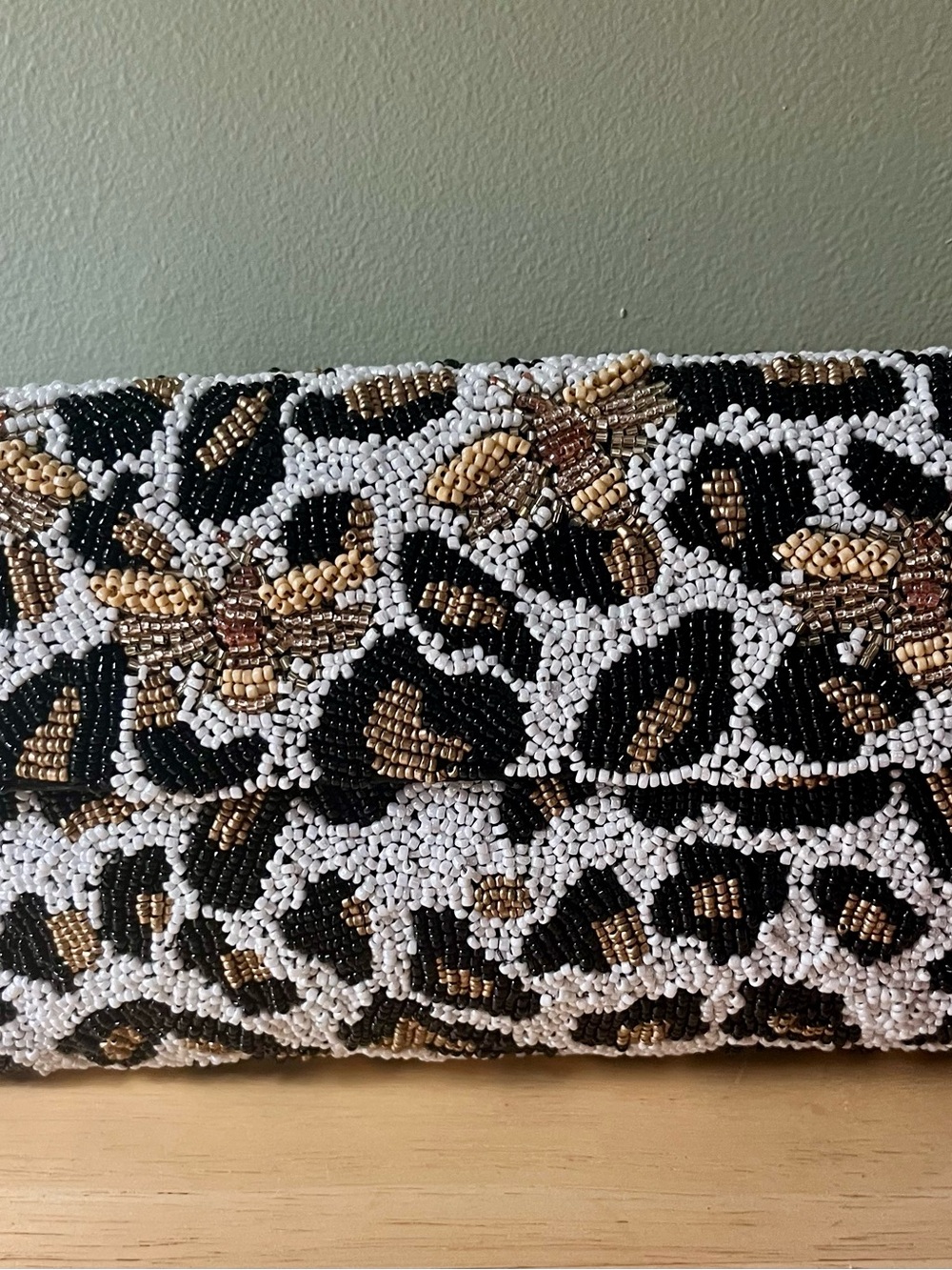 Beaded Leopard Bee Print Clutch in Black, White & Gold